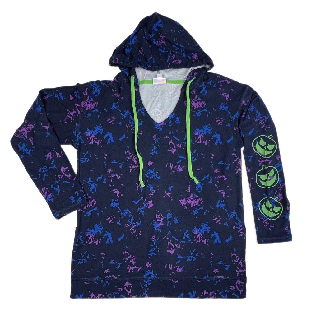 Large LuLaRoe Eliza Hooded Top Halloween Glow iJack Lantern Blue Fit 14/16